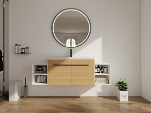 English Elm 60 Inch Wall Hung Bathroom Vanity Wood Grain Resin Sink Soft Close Modern Storage Glossy White / Oak W1972S00050