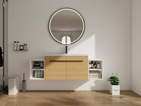 English Elm 60 Inch Wall Hung Bathroom Vanity Wood Grain Resin Sink Soft Close Modern Storage Glossy White / Oak W1972S00050