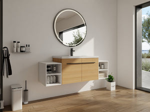 English Elm 60 Inch Wall Hung Bathroom Vanity Wood Grain Resin Sink Soft Close Modern Storage Glossy White / Oak W1972S00050