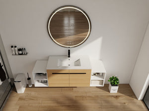 English Elm 60 Inch Wall Hung Bathroom Vanity Wood Grain Resin Sink Soft Close Modern Storage Glossy White / Oak W1972S00050