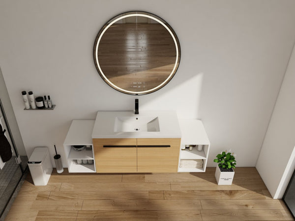 English Elm 60 Inch Wall Hung Bathroom Vanity Wood Grain Resin Sink Soft Close Modern Storage Glossy White / Oak W1972S00050