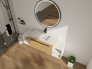 English Elm 60 Inch Wall Hung Bathroom Vanity Wood Grain Resin Sink Soft Close Modern Storage Glossy White / Oak W1972S00050