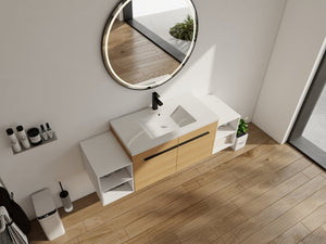 English Elm 60 Inch Wall Hung Bathroom Vanity Wood Grain Resin Sink Soft Close Modern Storage Glossy White / Oak W1972S00050