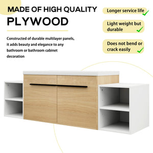 English Elm 60 Inch Wall Hung Bathroom Vanity Wood Grain Resin Sink Soft Close Modern Storage Glossy White / Oak W1972S00050