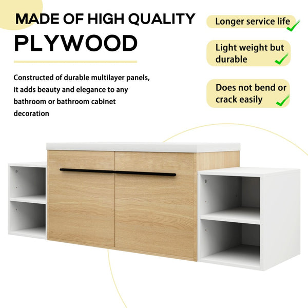 English Elm 60 Inch Wall Hung Bathroom Vanity Wood Grain Resin Sink Soft Close Modern Storage Glossy White / Oak W1972S00050