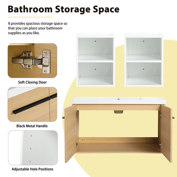 English Elm 60 Inch Wall Hung Bathroom Vanity Wood Grain Resin Sink Soft Close Modern Storage Glossy White / Oak W1972S00050