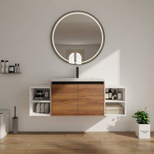 English Elm 54 Inch Wall Mounted Vanity with Resin Integrated Sink Soft Close Doors Open Shelving Brown Ebony/Glossy White W1972S00051