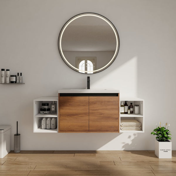 English Elm 54 Inch Wall Mounted Vanity with Resin Integrated Sink Soft Close Doors Open Shelving Brown Ebony/Glossy White W1972S00051