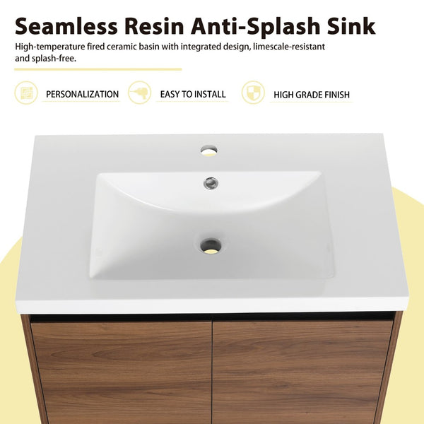 English Elm 54 Inch Wall Mounted Vanity with Resin Integrated Sink Soft Close Doors Open Shelving Brown Ebony/Glossy White W1972S00051