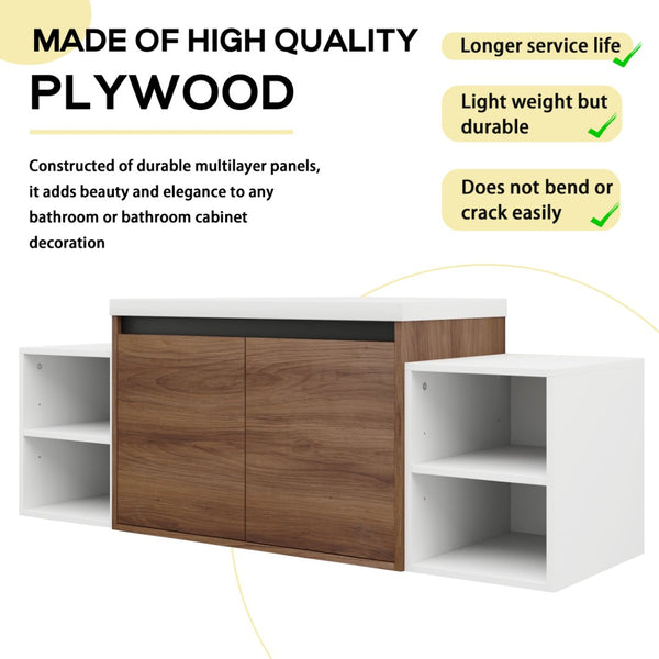 English Elm 54 Inch Wall Mounted Vanity with Resin Integrated Sink Soft Close Doors Open Shelving Brown Ebony/Glossy White W1972S00051