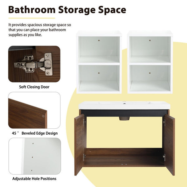 English Elm 54 Inch Wall Mounted Vanity with Resin Integrated Sink Soft Close Doors Open Shelving Brown Ebony/Glossy White W1972S00051