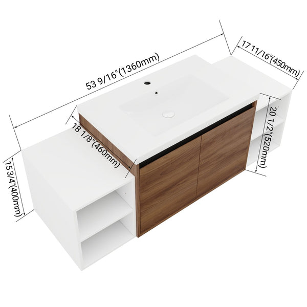 English Elm 54 Inch Wall Mounted Vanity with Resin Integrated Sink Soft Close Doors Open Shelving Brown Ebony/Glossy White W1972S00051