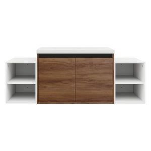 English Elm 54 Inch Wall Mounted Vanity with Resin Integrated Sink Soft Close Doors Open Shelving Brown Ebony/Glossy White W1972S00051