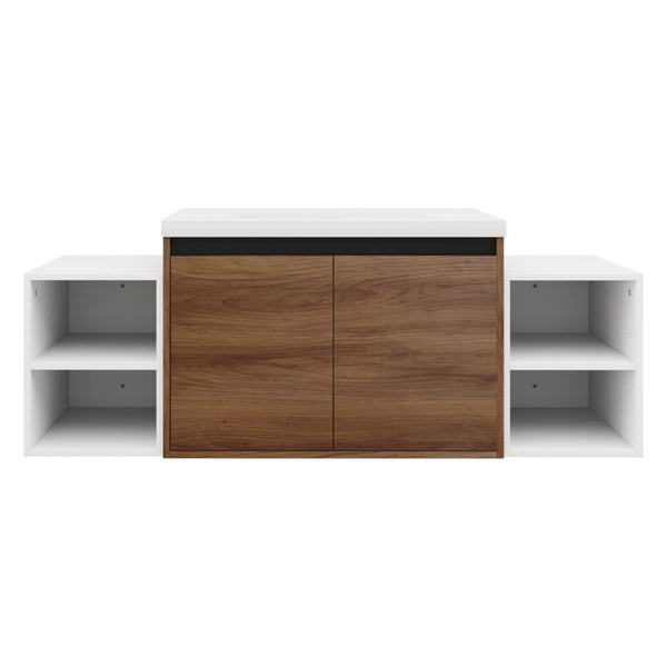 English Elm 54 Inch Wall Mounted Vanity with Resin Integrated Sink Soft Close Doors Open Shelving Brown Ebony/Glossy White W1972S00051