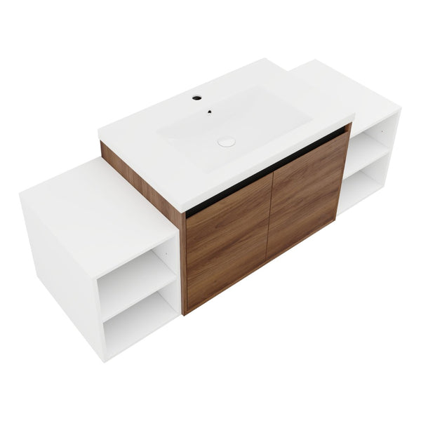 English Elm 54 Inch Wall Mounted Vanity with Resin Integrated Sink Soft Close Doors Open Shelving Brown Ebony/Glossy White W1972S00051