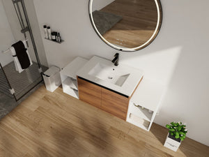 English Elm 54 Inch Wall Mounted Vanity with Resin Integrated Sink Soft Close Doors Open Shelving Brown Ebony/Glossy White W1972S00051