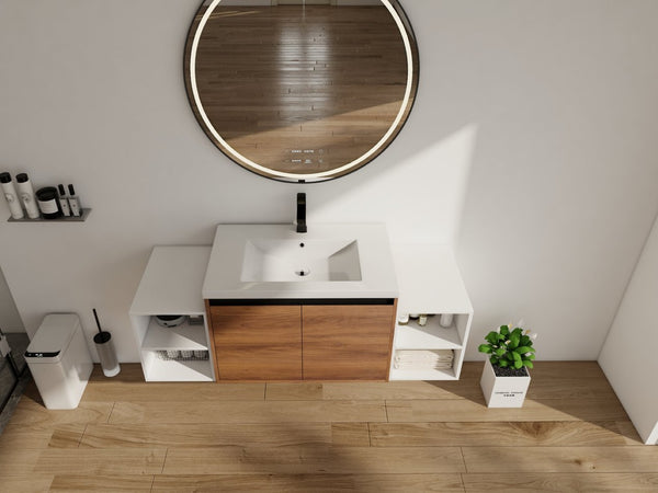 English Elm 54 Inch Wall Mounted Vanity with Resin Integrated Sink Soft Close Doors Open Shelving Brown Ebony/Glossy White W1972S00051