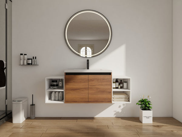 English Elm 54 Inch Wall Mounted Vanity with Resin Integrated Sink Soft Close Doors Open Shelving Brown Ebony/Glossy White W1972S00051
