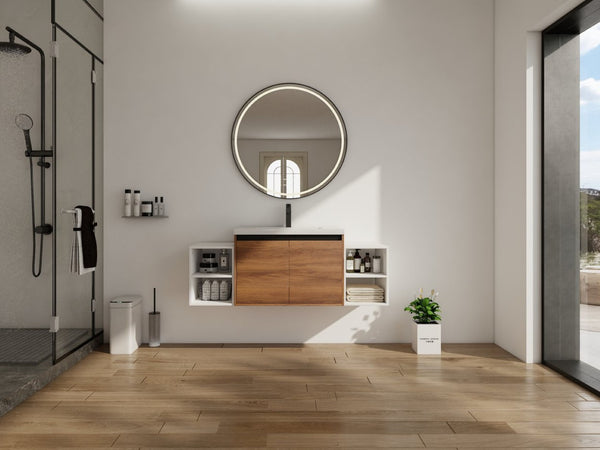 English Elm 54 Inch Wall Mounted Vanity with Resin Integrated Sink Soft Close Doors Open Shelving Brown Ebony/Glossy White W1972S00051