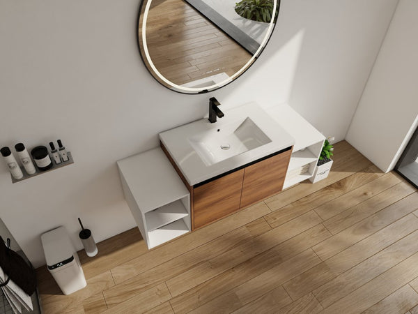 English Elm 54 Inch Wall Mounted Vanity with Resin Integrated Sink Soft Close Doors Open Shelving Brown Ebony/Glossy White W1972S00051