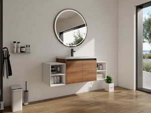English Elm 54 Inch Wall Mounted Vanity with Resin Integrated Sink Soft Close Doors Open Shelving Brown Ebony/Glossy White W1972S00051