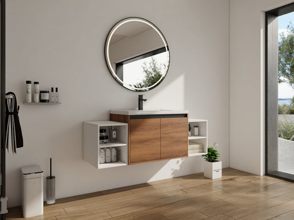 English Elm 54 Inch Wall Mounted Vanity with Resin Integrated Sink Soft Close Doors Open Shelving Brown Ebony/Glossy White W1972S00051
