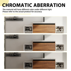 English Elm 54 Inch Wall Mounted Vanity with Resin Integrated Sink Soft Close Doors Open Shelving Brown Ebony/Glossy White W1972S00051
