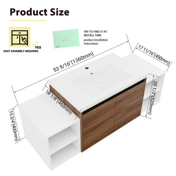 English Elm 54 Inch Wall Mounted Vanity with Resin Integrated Sink Soft Close Doors Open Shelving Brown Ebony/Glossy White W1972S00051