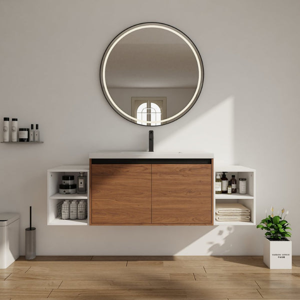 English Elm 60 Inch Wall Hung Bathroom Vanity Wood Grain Resin Sink Soft Close Modern Storage Brown Ebony / Glossy White W1972S00052