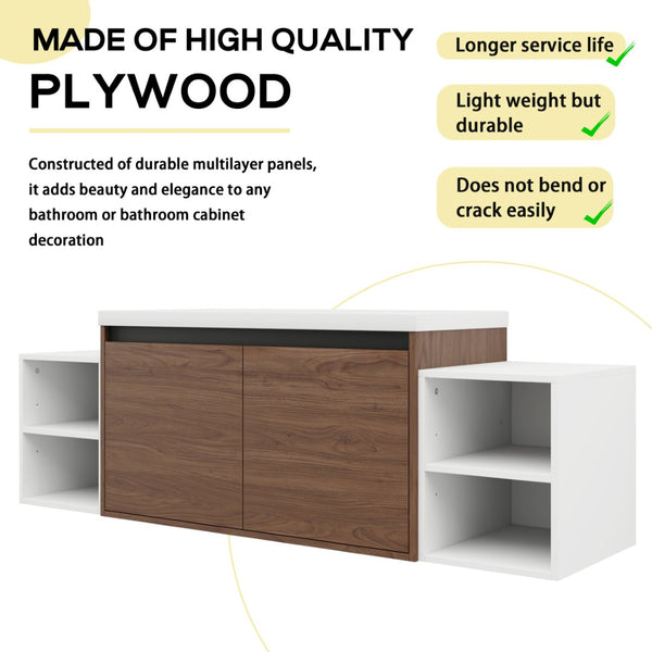 English Elm 60 Inch Wall Hung Bathroom Vanity Wood Grain Resin Sink Soft Close Modern Storage Brown Ebony / Glossy White W1972S00052