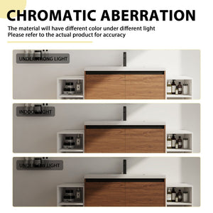 English Elm 60 Inch Wall Hung Bathroom Vanity Wood Grain Resin Sink Soft Close Modern Storage Brown Ebony / Glossy White W1972S00052