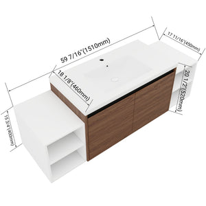 English Elm 60 Inch Wall Hung Bathroom Vanity Wood Grain Resin Sink Soft Close Modern Storage Brown Ebony / Glossy White W1972S00052