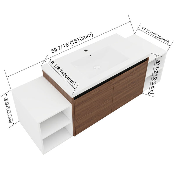 English Elm 60 Inch Wall Hung Bathroom Vanity Wood Grain Resin Sink Soft Close Modern Storage Brown Ebony / Glossy White W1972S00052