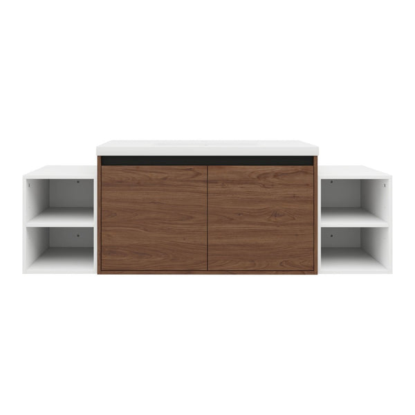 English Elm 60 Inch Wall Hung Bathroom Vanity Wood Grain Resin Sink Soft Close Modern Storage Brown Ebony / Glossy White W1972S00052