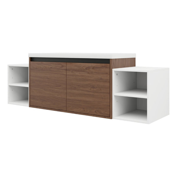 English Elm 60 Inch Wall Hung Bathroom Vanity Wood Grain Resin Sink Soft Close Modern Storage Brown Ebony / Glossy White W1972S00052