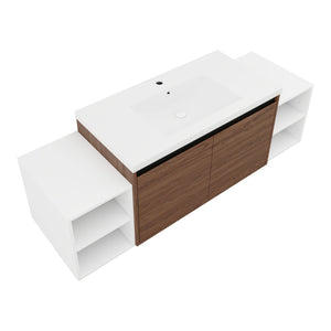 English Elm 60 Inch Wall Hung Bathroom Vanity Wood Grain Resin Sink Soft Close Modern Storage Brown Ebony / Glossy White W1972S00052