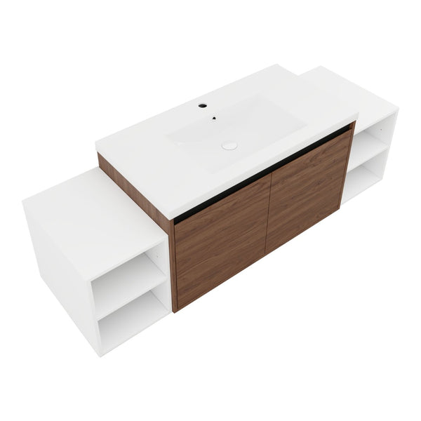 English Elm 60 Inch Wall Hung Bathroom Vanity Wood Grain Resin Sink Soft Close Modern Storage Brown Ebony / Glossy White W1972S00052