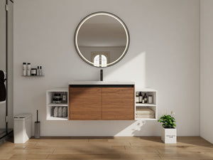 English Elm 60 Inch Wall Hung Bathroom Vanity Wood Grain Resin Sink Soft Close Modern Storage Brown Ebony / Glossy White W1972S00052