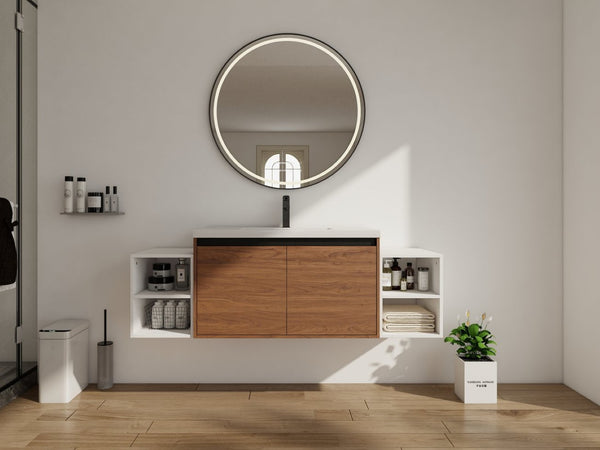English Elm 60 Inch Wall Hung Bathroom Vanity Wood Grain Resin Sink Soft Close Modern Storage Brown Ebony / Glossy White W1972S00052