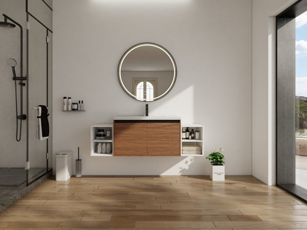 English Elm 60 Inch Wall Hung Bathroom Vanity Wood Grain Resin Sink Soft Close Modern Storage Brown Ebony / Glossy White W1972S00052