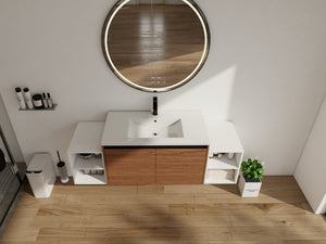 English Elm 60 Inch Wall Hung Bathroom Vanity Wood Grain Resin Sink Soft Close Modern Storage Brown Ebony / Glossy White W1972S00052