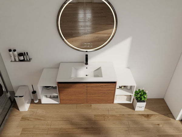 English Elm 60 Inch Wall Hung Bathroom Vanity Wood Grain Resin Sink Soft Close Modern Storage Brown Ebony / Glossy White W1972S00052