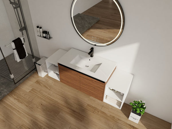 English Elm 60 Inch Wall Hung Bathroom Vanity Wood Grain Resin Sink Soft Close Modern Storage Brown Ebony / Glossy White W1972S00052