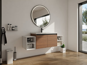 English Elm 60 Inch Wall Hung Bathroom Vanity Wood Grain Resin Sink Soft Close Modern Storage Brown Ebony / Glossy White W1972S00052
