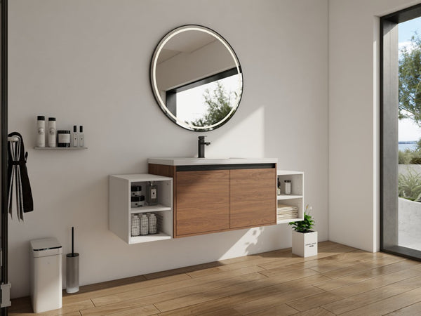 English Elm 60 Inch Wall Hung Bathroom Vanity Wood Grain Resin Sink Soft Close Modern Storage Brown Ebony / Glossy White W1972S00052