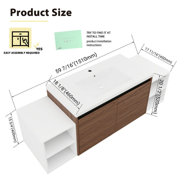 English Elm 60 Inch Wall Hung Bathroom Vanity Wood Grain Resin Sink Soft Close Modern Storage Brown Ebony / Glossy White W1972S00052