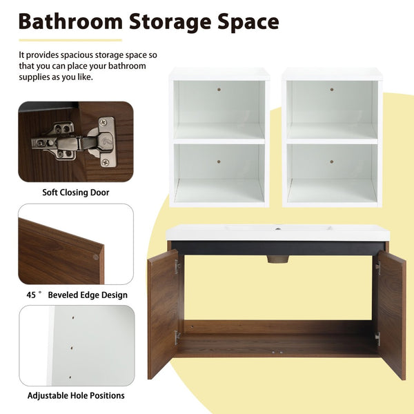 English Elm 60 Inch Wall Hung Bathroom Vanity Wood Grain Resin Sink Soft Close Modern Storage Brown Ebony / Glossy White W1972S00052
