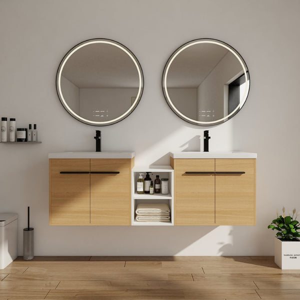 English Elm 60 Inch Wall Hung Bathroom Vanity Wood Grain Resin Sink Soft Close Modern Storage W1972S00053