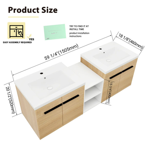 English Elm 60 Inch Wall Hung Bathroom Vanity Wood Grain Resin Sink Soft Close Modern Storage W1972S00053