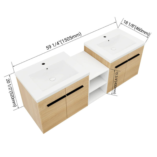 English Elm 60 Inch Wall Hung Bathroom Vanity Wood Grain Resin Sink Soft Close Modern Storage W1972S00053